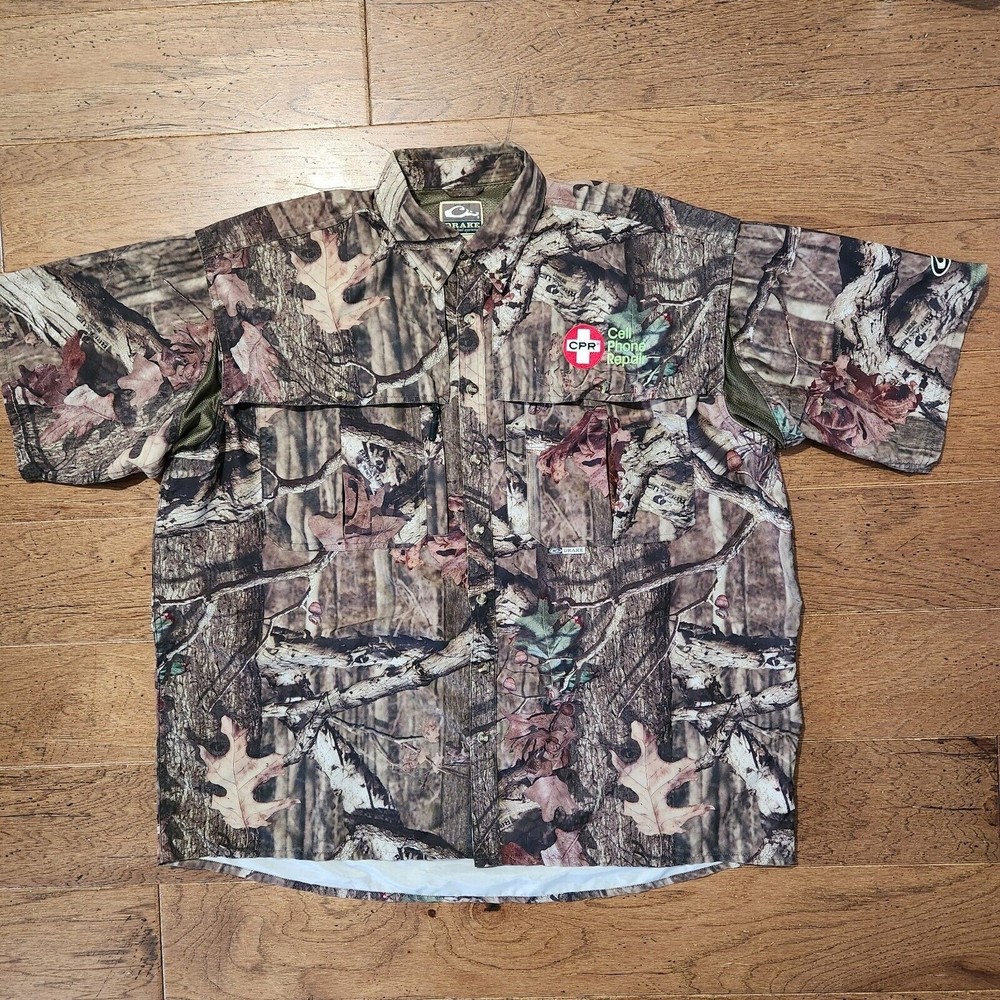 Drake Waterfowl Shirt Mens 3XL Green Brown Camo Vented Fishing Button Up SS
